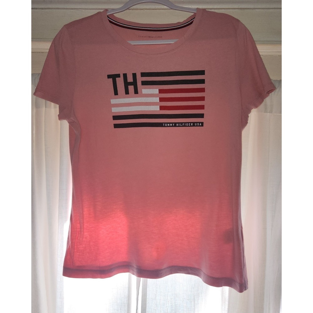 Tommy Hilfiger Womens T Shirt Medium Coral Pink Graphic Flag Short Sleeve Tee